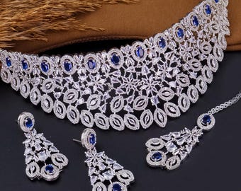 Silver Cubic Zirconia Diamond Bridal Necklace Set, AD Choker Set