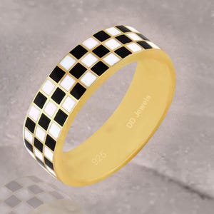 8mm Wide Checkerboard Ring, Black & White Enamel Ring, Chess Ring, Inspired Jewelry, Couple Ring, Geometric Ring, Checker Ring - 925 Silver