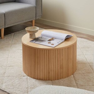 Japandi Round Wood Coffee Table With Storage in Natural - Etsy