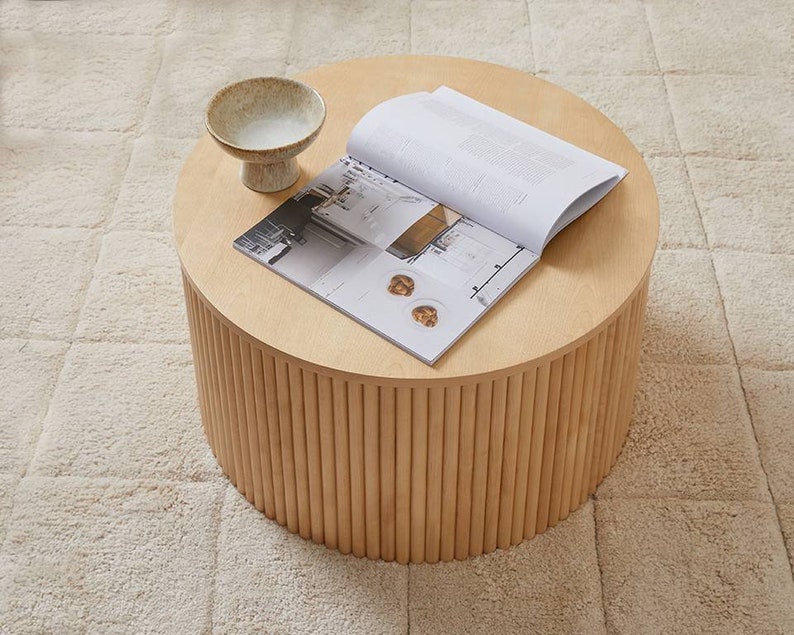 Japandi Round Wood Coffee Table With Storage in Natural Etsy