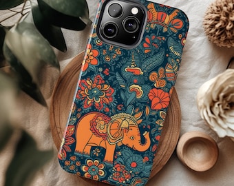 Könnte beinhalten: Eine Handyhülle mit einem farbenfrohen Blumen- und Elefantenmuster. Die Hülle ist schwarz mit orangefarbenen, gelben und blauen Akzenten. Der Elefant befindet sich in der Mitte des Musters und hat ein Blumenmuster auf seinem Körper.