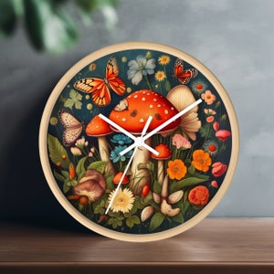 Cottagecore Decor Mushroom Wall Clock Gift For Nature Lovers, Cottage Core Aesthetic Butterfly Wall Hangings, Floral Print Art, Forest Decor