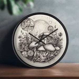 Moon Phases And Mushroom Round Wall Clock With Printed Art.