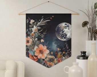 Himmlische Mondphase Blumen, spirituelle Wandbehang Wimpelkette