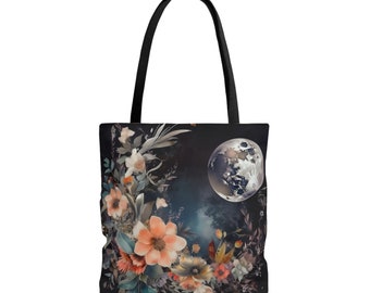 Könnte beinhalten: Eine schwarze Tragetasche mit einem Blumendesign und einem Vollmond im Hintergrund. Die Blumen sind in den Farben Rosa, Orange und Gelb gehalten.