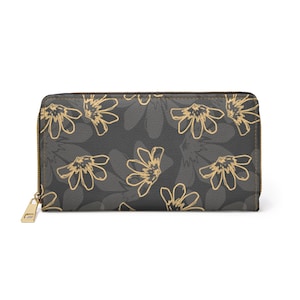 Cartera con cremallera Naupaka negra, organizador elegante, regalo de Hawái, cartera elegante, billetera de cuero PU, artículo esencial para todos los días
