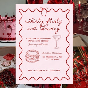 Plantilla de invitación para fiesta de cumpleaños de treinta años (con temática roja y rosa), imprimible y editable.