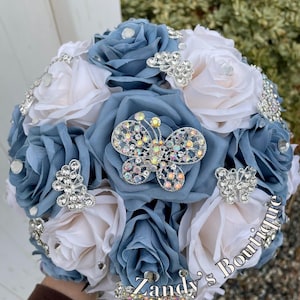 Dusty blue & cream with butterfly silver brooch bouquet, Quinceañera bouquet, Sweet sixteen bouquet, Wedding bouquet, Quince bouquet