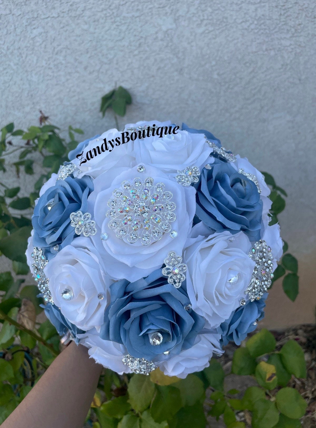 Dusty/slate Blue With Ivory With Silver Brooch Bouquet, Quinceañera