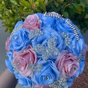 Light/baby blue and blush with silver butterfly brooches bouquet, Quinceañera bouquet, Sweet sixteen bouquet, Wedding bouquet, Quince bouque