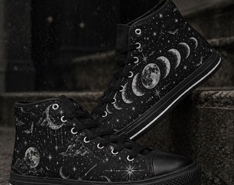 Witchy Celestial Bat & Moon High Top Canvas Shoes – Lunar Night Sky Gothic Witch Sneakers | Dark Aesthetic Witchcraft Shoes for Women