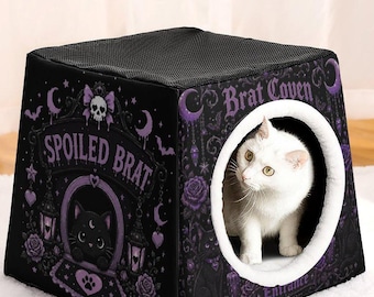 Brat Coven Goth husdjursbädd för katter och hundar, häxa, fladdermus, måne, gotisk valpkåta, bortskämd brat kattgrotta, presentidé för ockult husdjursälskare, gotiska presenter