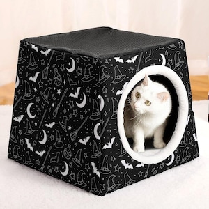 Witchy Cat House Bed with Moon & Bat Design | Gothic Pet Furniture | Cozy Occult Cat Bed | Witch Decor for Cats | Spooky Pet Lover Gift