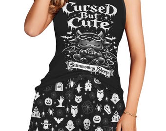 Funny Cursed but Cute Goth Pajama Set, Kawaii Demon Bat Pajamas, Gothic Witchy Vest & Shorts PJs, Spooky Cute Sleepwear for Women