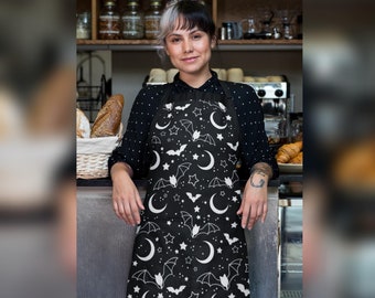 Gothic Bat Moon Apron: Black Witch Kitchen Decor