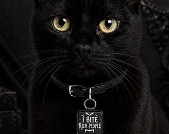 Spooky Personalized Pet ID Tag, “I Bite Rich People” Funny Goth Dog Tag, Dark Aesthetic Cat & Puppy Collar Accessory Gift