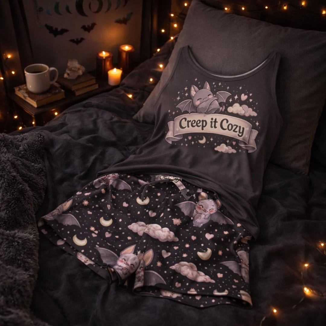Creep It Cozy Funny Pastel Goth Pajama Set – Bat Vest & Shorts, Kawaii Sleepwear, Witchy Alt Aesthetic Lounge Lingerie, Cute Goth Pjs - Etsy