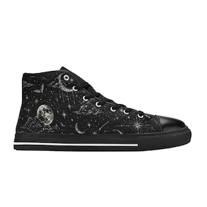 May include: Black high-top canvas sneaker featuring a celestial design. The shoe's upper displays a night sky scene with moons, stars, and clouds. The sneaker has a black toe cap, laces, and sole with a white stripe.