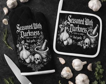 Gekruid met duisternis en knoflook Goth-ovenwantset, Witchy keukendecor, Spooky Gothic keukenaccessoires, Halloween-huiscadeau