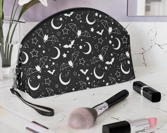 Gothic Moon & Bat Makeup Bag: Witchy Faux Leather Cosmetic Pouch