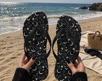 Kawaii Witchy Bat Moon Flip Flops | Cute Goth Beach Sandals | Dark Aesthetic Summer Slides | Spooky Night Sky Shoes