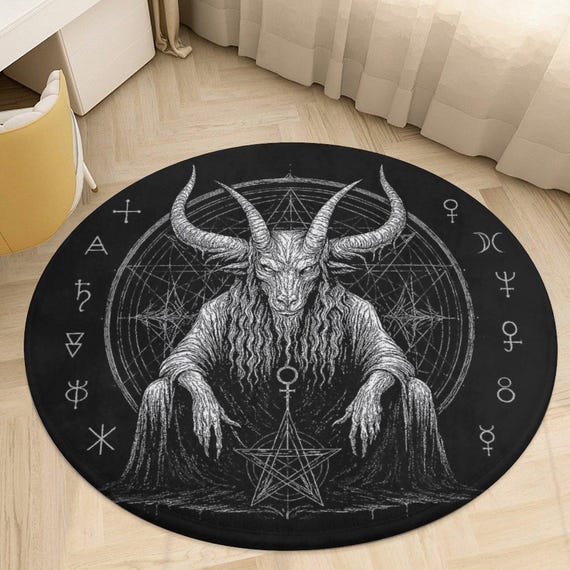 Baphomet Pentagram Round Rug, White Goat Head Satanic Mat, Gothic