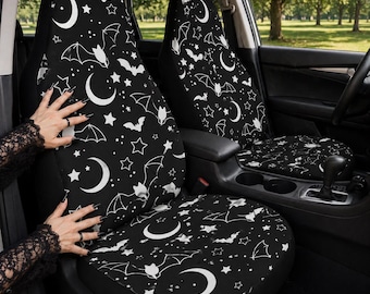 Fundas para asientos de coche con diseño de murciélago y luna de bruja, accesorio gótico kawaii para coche, decoración oscura para automóvil, interior de coche con diseño de bruja adorable y espeluznante, compatible con airbag