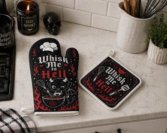 Whisk Me to Hell Funny Goth Oven Mitt Set | Demon Pot Holder | Gothic Kitchen Accessories | Witchy Baking Gift | Dark Humor Decor