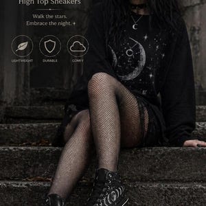 May include: Black high-top sneakers with a celestial moon design. The sneakers feature a black base with a white sole and a repeating moon phase pattern. The text "CELESTIAL MOON" is visible in the image, along with the words "High Top Sneakers".
