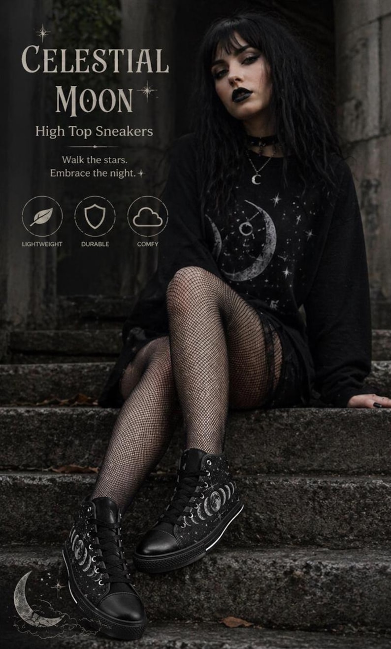 May include: Black high-top sneakers with a celestial moon design. The sneakers feature a black base with a white sole and a repeating moon phase pattern. The text "CELESTIAL MOON" is visible in the image, along with the words "High Top Sneakers".
