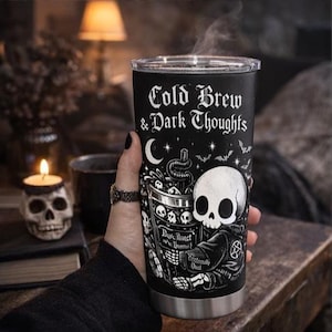 Cold Brew & Dark Thoughts Funny Goth Tumbler, Kawaii Skeleton Ghost Coffee Cup, Spooky Cute Gothic Humor 20oz Travel Mug, Halloween Gift