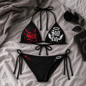 Funny Goth Bikini Sin vs Still Cute Swimwear, Cute Dark Aesthetic Swimsuit, Spooky Summer Beachwear, Alternative Bikini Set, Emo Pool Outfit