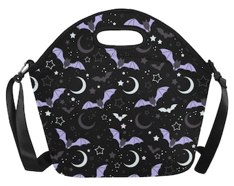 Borsa per il pranzo Purple Witch Kawaii Bat Moon Star, scatola per il pranzo gotica in neoprene, borsa per il pranzo scura estetica spettrale carina, grande capacità