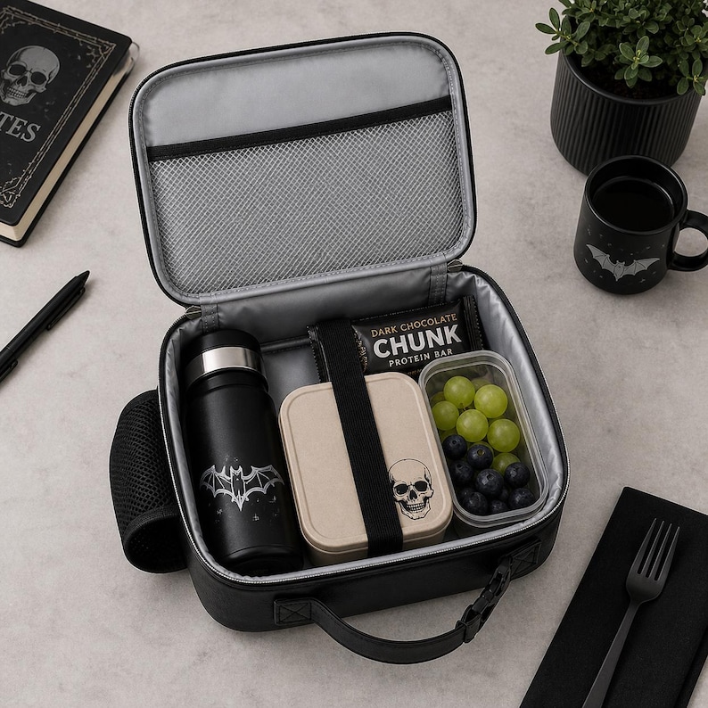 Pu&ograve; includere: Borsa per il pranzo nera con un design a teschio e pipistrello, aperta per rivelare una bottiglia d'acqua nera, un contenitore per il pranzo beige e un contenitore di frutta. All'interno c'&egrave; anche una barretta proteica al cioccolato fondente. Sono visibili anche una tazza e un taccuino neri.