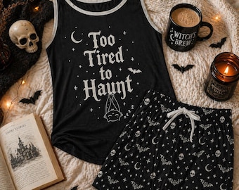 Pastelkleurige gothic-heksenpyjama te moe om te achtervolgen, schattige kawaii vleermuis-nachtkleding voor vrouwen, gothic vest en shorts loungeset spookachtige zomerpyjama