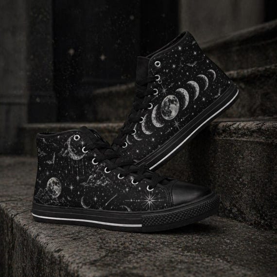 Witchy Celestial Bat & Moon High Top Canvas Shoes – Lunar Night Sky Gothic Witch Sneakers | Dark Aesthetic Witchcraft Shoes for Women