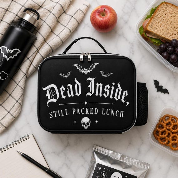 Funny Gothic Lunch Bag “Dead Inside Still Packed Lunch”, Bat Skull Lunch Box, Dark Aesthetic Food Tote, Witchy Cute Lunch Bag