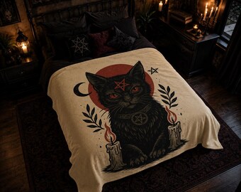 Koc z satanistycznym kotem Sherpa, okultystyczny koc z księżycowym kotem, czarowniczy gotycki koc, mroczna estetyczna dekoracja z kotem, księżycowy prezent dla kota