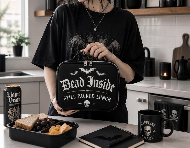 Pu&ograve; includere: Un portapranzo nero con la scritta "Dead Inside Still Packed Lunch" e grafiche di pipistrelli e teschi. L'immagine mostra anche una maglietta nera, una lattina di Liquid Death, una tazza nera con un teschio e un taccuino.