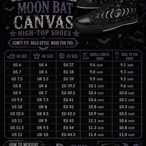May include: Black high-top canvas shoes with a celestial moon and bat design. The shoes feature a black sole and laces. The image includes a size chart with US, UK, and EU sizes, and measurements in inches.