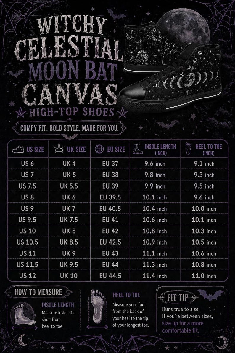 May include: Black high-top canvas shoes with a celestial moon and bat design. The shoes feature a black sole and laces. The image includes a size chart with US, UK, and EU sizes, and measurements in inches.