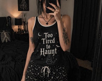 Pastel Goth Pajama Set Too Tired To Haunt – Cute Kawaii Bat & Moon Witch Sleepwear | Gothic Vest Shorts Women’s PJs