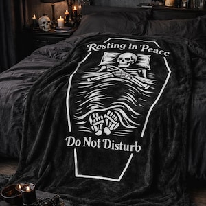 Funny Goth Blanket “Resting in Peace” | Skeleton Coffin Throw | Skull Fleece | Dark Emo Aesthetic Gift