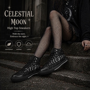 May include: Black high-top sneakers with a celestial moon design. The sneakers feature a black base with a white moon phase graphic and white stars. The text "CELESTIAL MOON" and "High Top Sneakers" are displayed on the image.