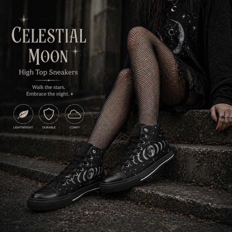 May include: Black high-top sneakers with a celestial moon design. The sneakers feature a black base with a white moon phase graphic and white stars. The text "CELESTIAL MOON" and "High Top Sneakers" are displayed on the image.