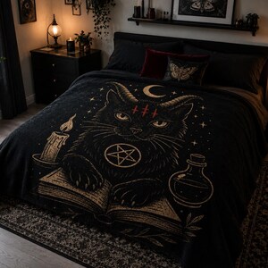Coperta in velluto con gatto nero occulto, luna e pentagramma da strega, regalo gotico per amanti dei gatti, decorazione per la casa in stile wiccan per Halloween