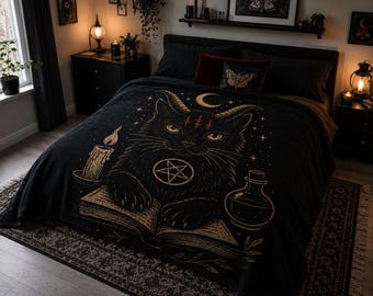 Manta de felpa de terciopelo con gato negro oculto, manta de luna y pentagrama de bruja, regalo gótico para amantes de los gatos, decoración wiccana para Halloween