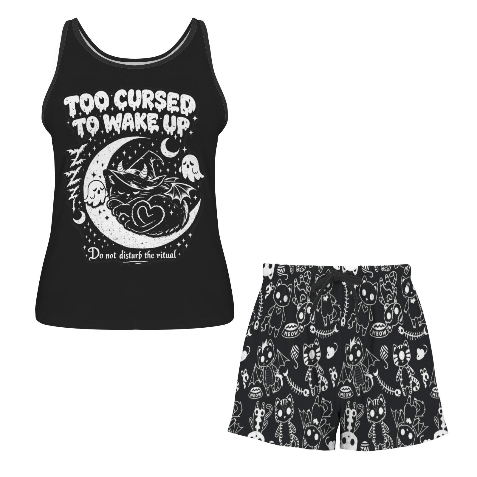 Too Cursed to Wake up Kawaii Goth Pajama Set, Witchy Black Cat Moon ...