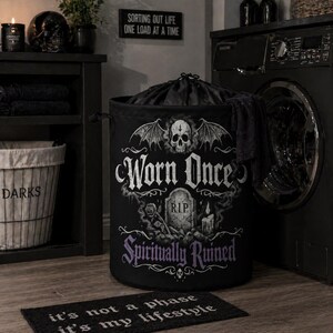 Gothic Skull Laundry Bag, Witchy Drawstring Hamper, Dark Aesthetic Storage Basket, Occult Home Decor, Spooky Goth Laundry Bin