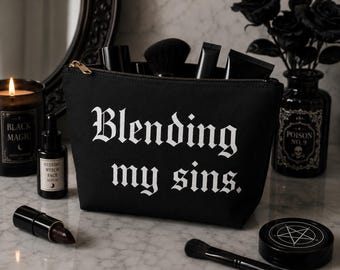 Blending My Sins Gothic make-uptas, zwarte cosmetische tas, gothic reisorganizer, alternatieve accessoiretas, griezelig cadeau